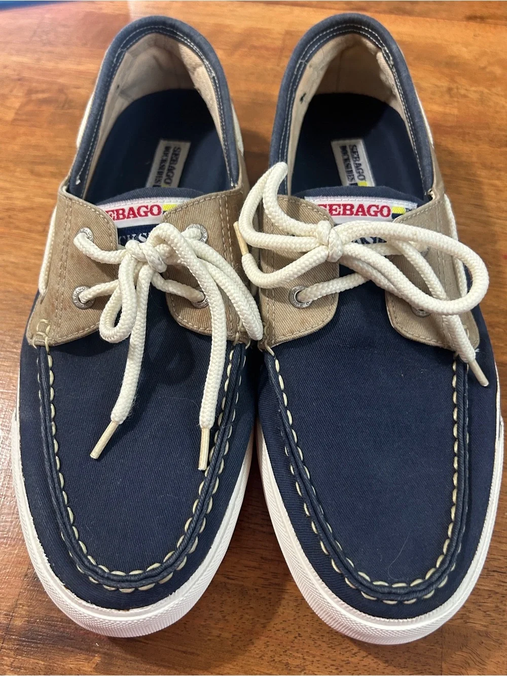 Sebago Navy and Tan Canvas Lace-Up Boat Shoes